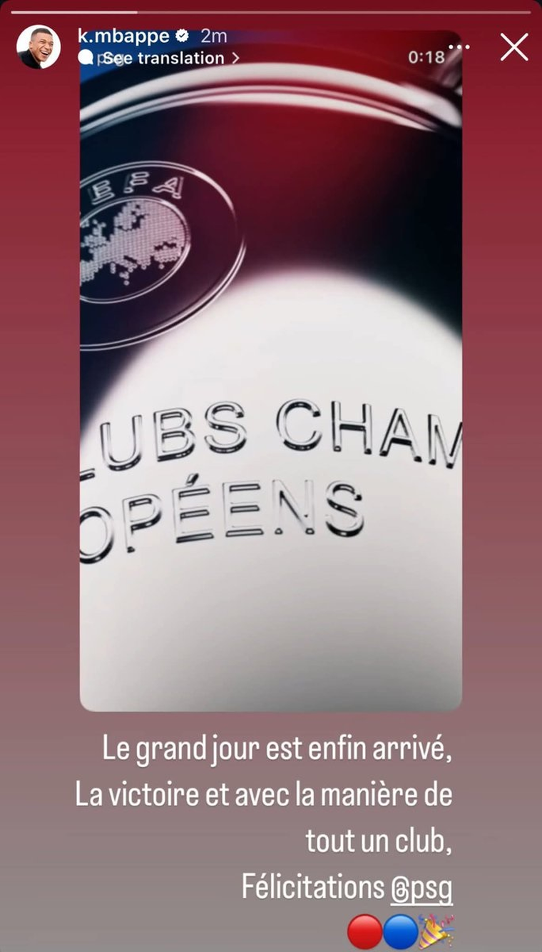 La historia de Mbappé felicitando al PSG por la Champions. (Foto: @K.mbappe) La historia de Mbappé felicitando al PSG por la Champions. (Foto: @K.mbappe)