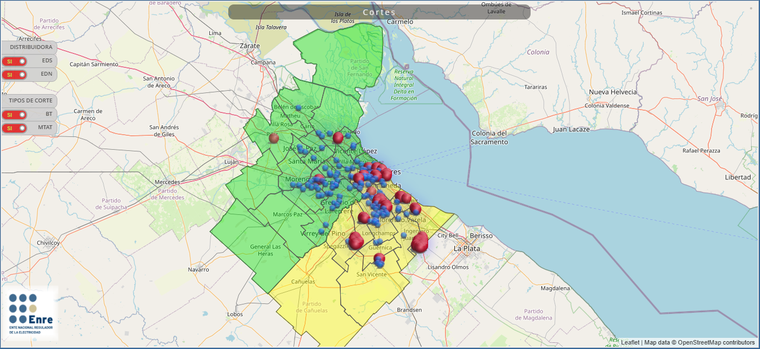 En verde, las localidades que abarca Edenor. En amarillo, las zonas abarcadas por Edesur. Los puntos rojos son los cortes de media y alta tensión. Los azules, los de baja tensión. En verde, las localidades que abarca Edenor. En amarillo, las zonas abarcadas por Edesur. Los puntos rojos son los cortes de media y alta tensión. Los azules, los de baja tensión.