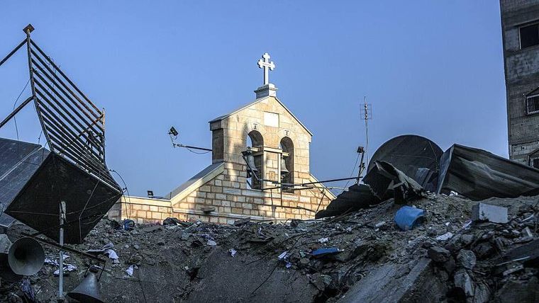 La Iglesia Ortodoxa Griega de San Porfirio en la Ciudad de Gaza fue blanco de un ataque israelí el 20 de octubre de 2023 que dejó al menos 16 muertos.