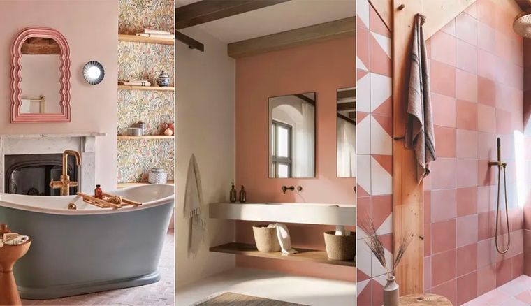 El color de moda que reemplaza al blanco en los baños  es una variación de tonos tierra y rosa yeso. Foto: David Hunt Lighting, Dunn-Edwards, Bert & May