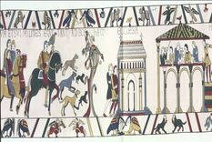 El tapiz de Bayeux, que muestra al rey Harold cabalgando hacia Bosham, donde asiste a la iglesia y festeja en un salón. Foto: Dpa.