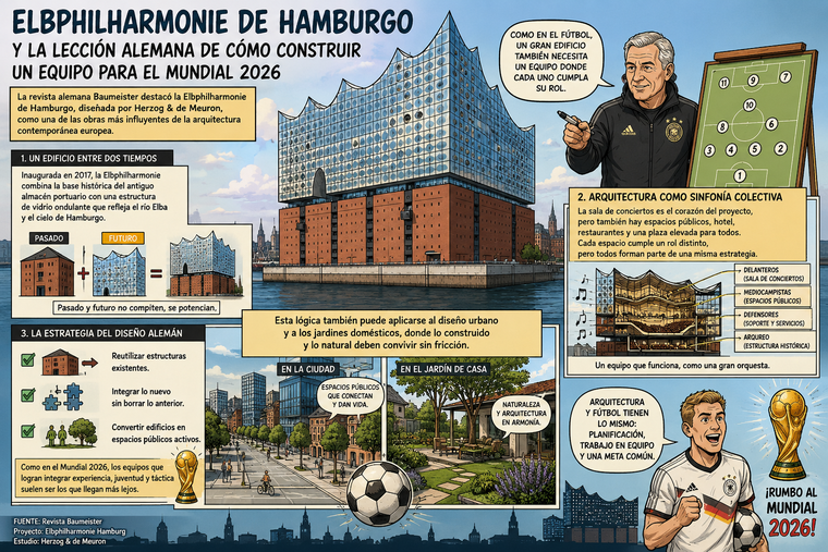 La arquitectura y el fútbol comparten una misma lógica: planificación, coordinación y trabajo en equipo. La Elbphilharmonie de Hamburgo simboliza cómo la integración entre patrimonio, innovación y espacio público ofrece una lección que también puede aplicarse al diseño urbano, a los jardines domésticos y a la construcción de equipos capaces de competir al más alto nivel. La arquitectura y el fútbol comparten una misma lógica: planificación, coordinación y trabajo en equipo. La Elbphilharmonie de Hamburgo simboliza cómo la integración entre patrimonio, innovación y espacio público ofrece una lección que también puede aplicarse al diseño urbano, a los jardines domésticos y a la construcción de equipos capaces de competir al más alto nivel.