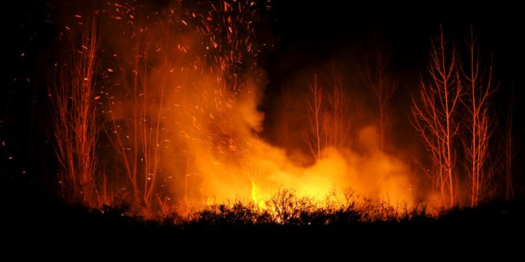Al borde del canal Marginal, que ha hecho de contención, las llamas quemaban matorrales secos. Foto: Mediamza.com