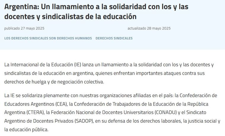 El comunicado oficial de la Internacional de la Educación sobre los decretos de Javier Milei.