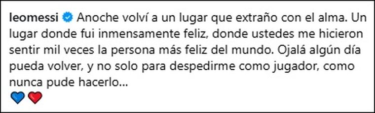 El mensaje de Lionel Messi en sus redes tras visitar el Camp Nou. El mensaje de Lionel Messi en sus redes tras visitar el Camp Nou.