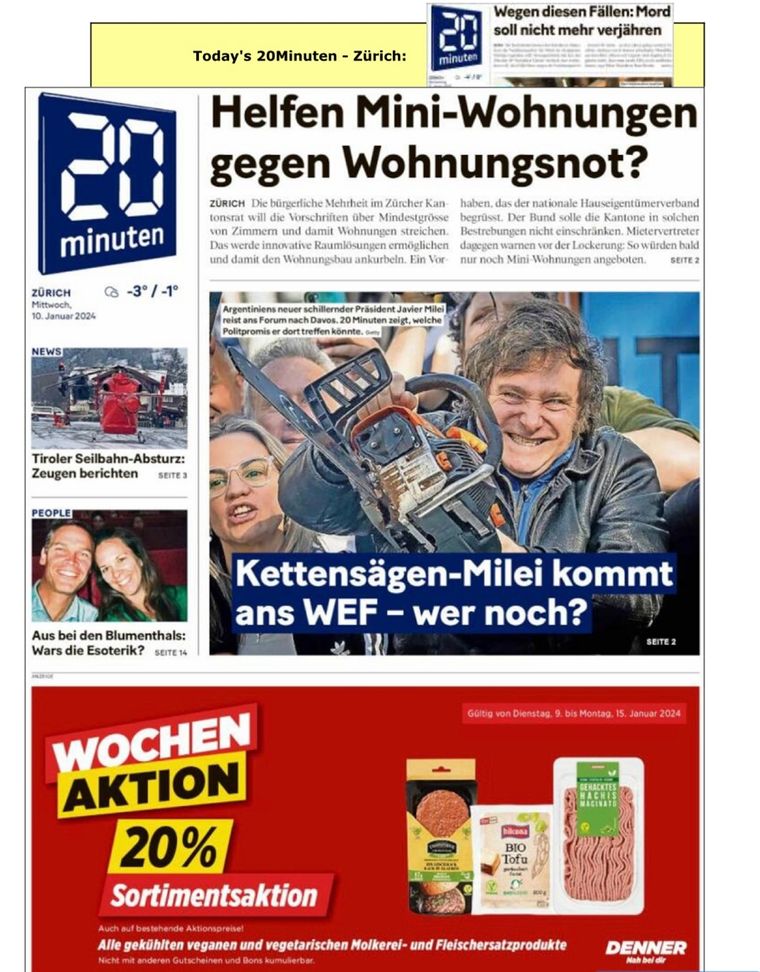 Milei fue primera plana posando con la motosierra en un diario suizo Foto: 20 Minuten