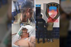 Claudio Barrera tras ser detenido por la brutal golpiza que casi dejó sin vida a Fernando Huinca (abajo a la izquierda).&nbsp;