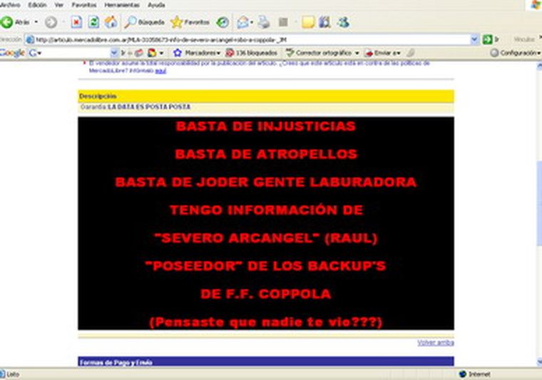 El aviso de Mercado Libre que ofrece datos sobre el ladrón. Foto: MDZ