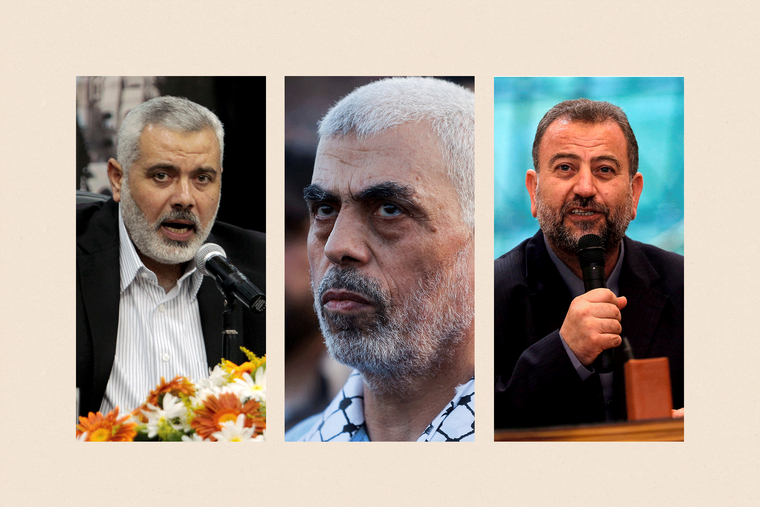 Ismail Haniyeh (izquierda) fue asesinado en Teherán en julio de 2024, seguido tres meses después de su sucesor, Yahya Sinwar (centro). El líder adjunto de Hamás, Saleh al-Arouri (derecha), fue asesinado en una explosión en Beirut.