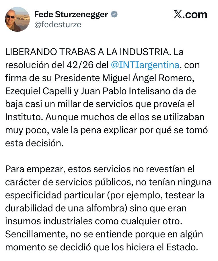 Federico Sturzenegger anunció el recorte de servicios del INTI. Federico Sturzenegger anunció el recorte de servicios del INTI.