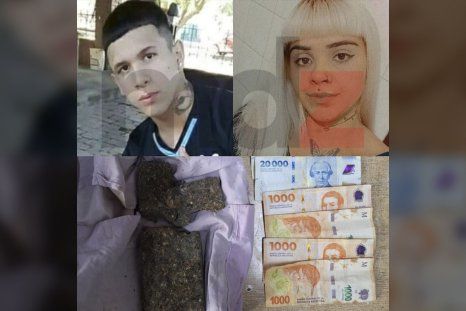 Arriba: Alex Sandez y Magalí Martínez. Abajo: los trozos de marihuana compactada y parte del dinero incautado. Arriba: Alex Sandez y Magalí Martínez. Abajo: los trozos de marihuana compactada y parte del dinero incautado.