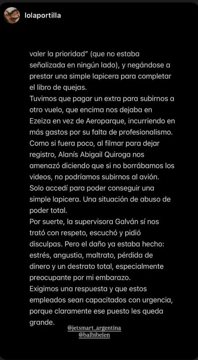 El mensaje completo que compartió Lola Portilla en sus redes sociales. El mensaje completo que compartió Lola Portilla en sus redes sociales.