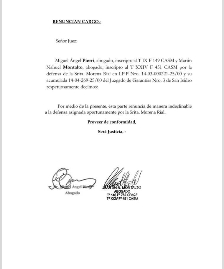 Miguel Ángel Pierri renunció a la defensa de Morena. Miguel Ángel Pierri renunció a la defensa de Morena.