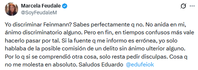 La publicación de Marcela Feudale. La publicación de Marcela Feudale. 