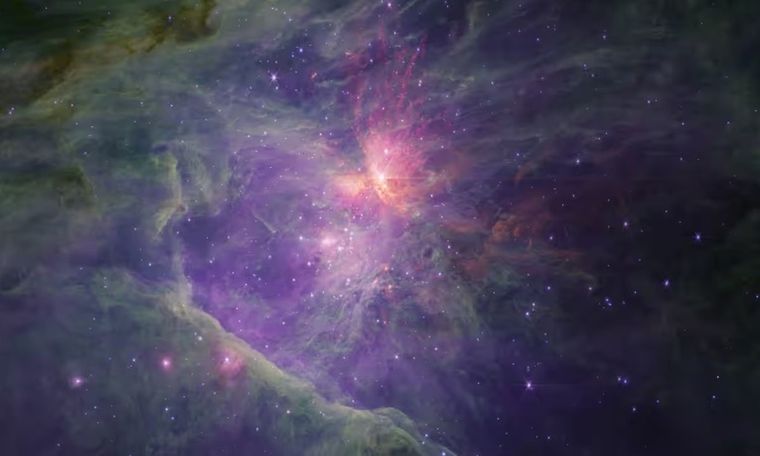 Una imagen de longitud de onda larga del cúmulo interior de la Nebulosa de Orión y el Trapecio tomada por el telescopio espacial James Webb Foto: NASA