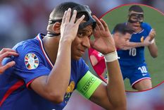 Mbappé, molesto por un toque de Lewandowski en la nariz, se sacó la máscara y reclamó la acción del polaco, que pareció solo un roce de juego. Foto: EFE y captura ESPN