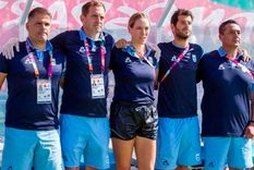 Rodrigo González (kinesiólogo), Marcelo Montrasi (médico), Victoria Zuloaga (asistente), Juan Martín López (técnico) y el mendocino José González (asistente). Foto: Gentileza José González.