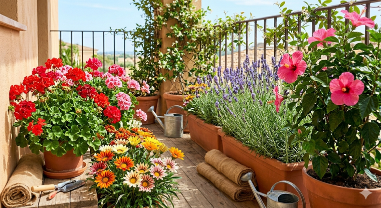 Las flores llenan de color el balcón. Fuente. IA Gemini.