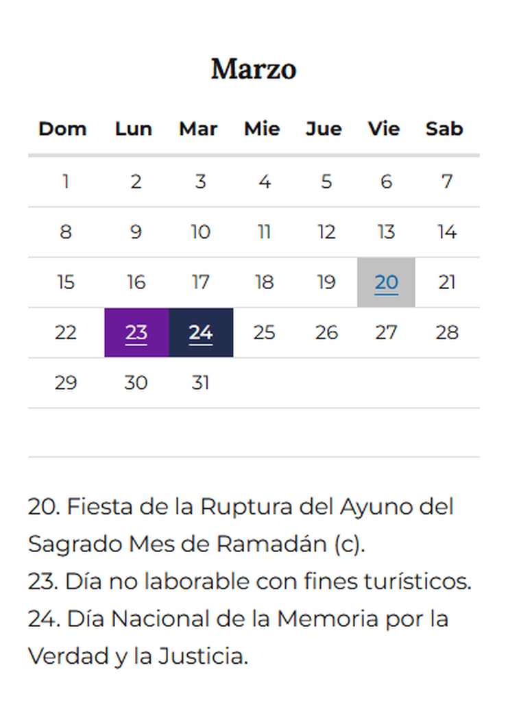 El martes 24 de marzo es feriado nacional, pero el lunes 23 queda sujeto a la decisión de cada empleador. El martes 24 de marzo es feriado nacional, pero el lunes 23 queda sujeto a la decisión de cada empleador.