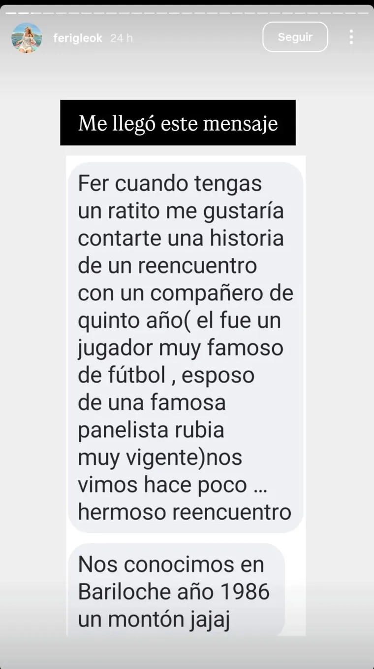El mensaje que le llegó a Fernanda Iglesias. Foto: captura de pantalla Instagram/ @ferigleok. El mensaje que le llegó a Fernanda Iglesias. Foto: captura de pantalla Instagram/ @ferigleok.