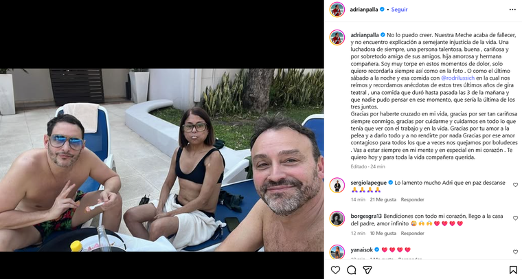 El posteo de Adrián Pallares tras la muerte de Meche. El posteo de Adrián Pallares tras la muerte de Meche.