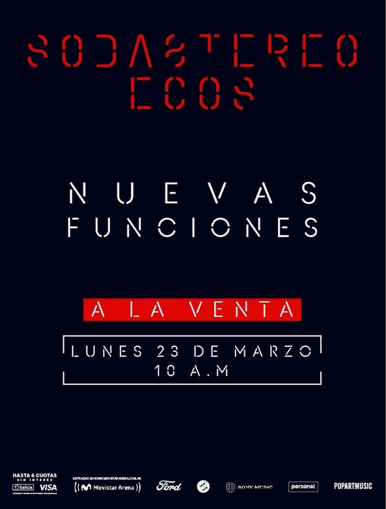A partir de este lunes se pueden adquirir las entradas para ver las nuevas funciones de ECOS de Soda Stereo en el Movistar Arena, programadas para los días 9 y 14 de junio. A partir de este lunes se pueden adquirir las entradas para ver las nuevas funciones de ECOS de Soda Stereo en el Movistar Arena, programadas para los días 9 y 14 de junio.