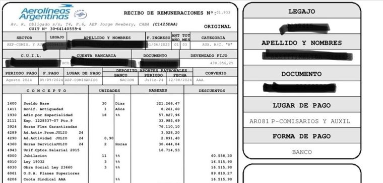 Desde el gremio publicaron recibos de sueldo de AA Foto: X Aeronavegantes