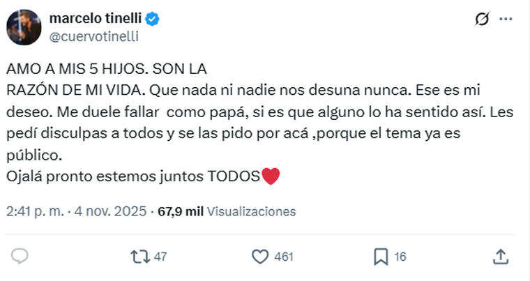 El posteo de Marcelo Tinelli a sus hijos. El posteo de Marcelo Tinelli a sus hijos.