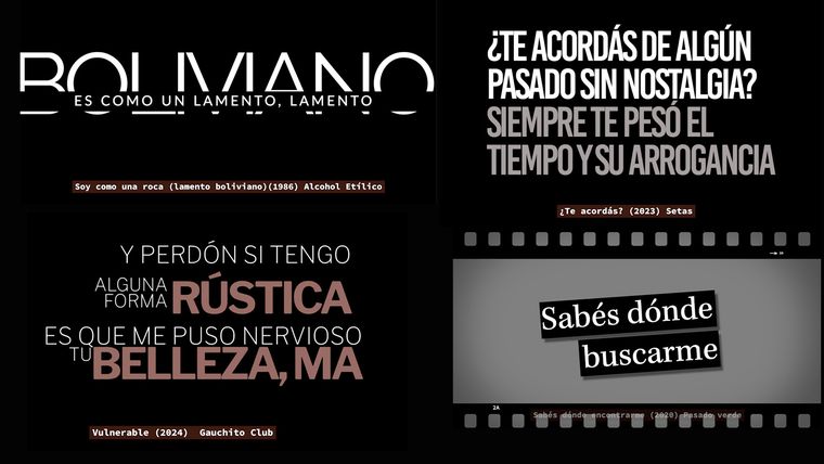 En la imagen cuatro imágenes con cuatro momentos de las canciones Lamento boliviano (Alcohol Etílico), Vulnerable (Gauchito Club), Te acordás? (Setas) y Sabés dónde encontrame (Pasado Verde).