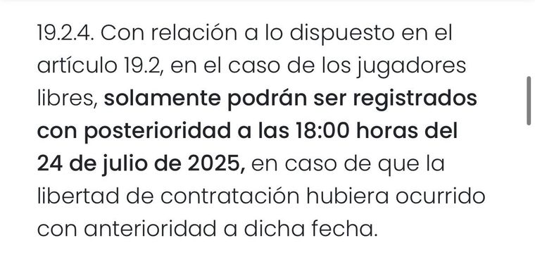 AFA, en el artículo 19.2.4, marca como condición obligatoria que el jugador inscripto haya quedado en libertad previo al 24/7. AFA, en el artículo 19.2.4, marca como condición obligatoria que el jugador inscripto haya quedado en libertad previo al 24/7.