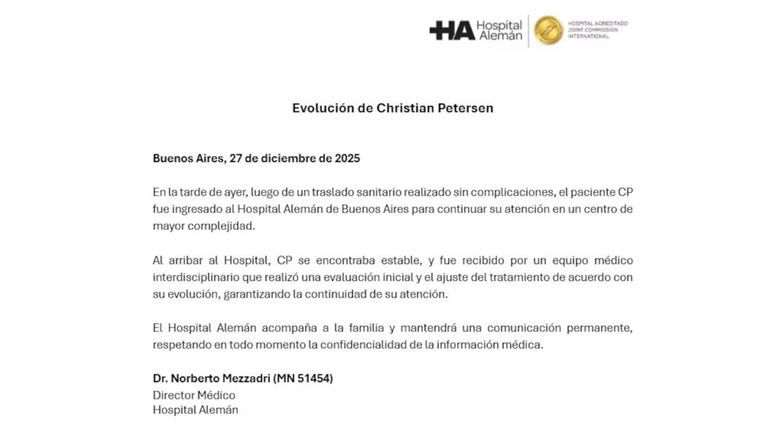 El Hospital Alemán de Buenos Aires emitió el parte oficial firmado por su director médico sobre Christian Petersen. El Hospital Alemán de Buenos Aires emitió el parte oficial firmado por su director médico sobre Christian Petersen.