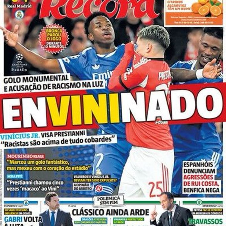 La tapa de O Record sobre el escándalo entre Prestianni y Vinícius Jr. La tapa de O Record sobre el escándalo entre Prestianni y Vinícius Jr.