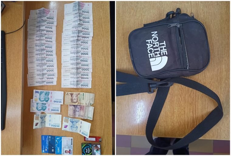 El morral y el dinero secuestrado en el procedimiento. 