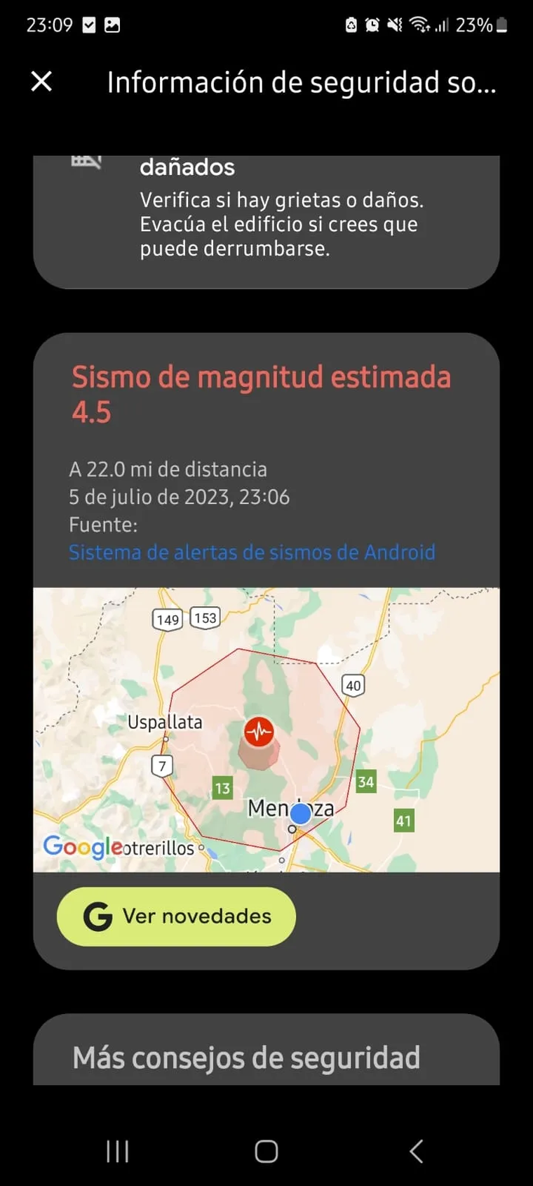 Una de las últimas alertas que dio Android en Mendoza.