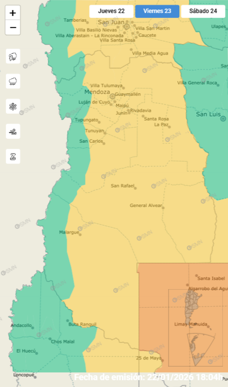 Gran parte de Mendoza permanece bajo alerta meteorológica ante la probabilidad de lluvias intensas y ráfagas durante la noche. Gran parte de Mendoza permanece bajo alerta meteorológica ante la probabilidad de lluvias intensas y ráfagas durante la noche.