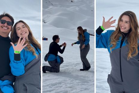 Un turista brasileño le pidió matrimonio a su novia en plena Cordillera de los Andes copada de nieve. Un turista brasileño le pidió matrimonio a su novia en plena Cordillera de los Andes copada de nieve.