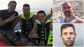 Los mendocinos detenidos: a la derecha, Diego Xiccato, Mauricio Aparo y Juan Manuel Zuloaga, juntos en lancha; a la izquierda, Juan Pablo Rua (arriba) y Sebastián Moyano (abajo). 