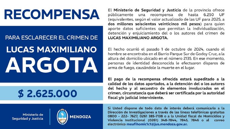 La recompensa ofrecida por el Ministerio de Seguridad y Justicia La recompensa ofrecida por el Ministerio de Seguridad y Justicia