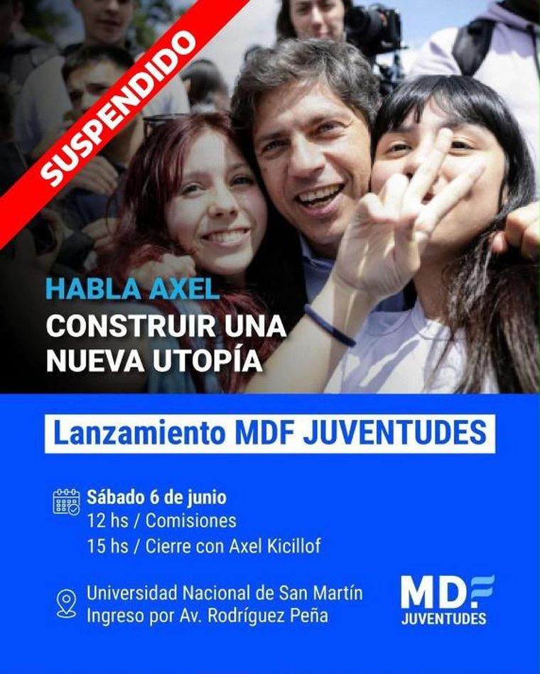 Por la muerte del Indio Solari, Kicillof suspendió un acto con la juventud del MDF programado para este sábado en General San Martín Por la muerte del Indio Solari, Kicillof suspendió un acto con la juventud del MDF programado para este sábado en General San Martín