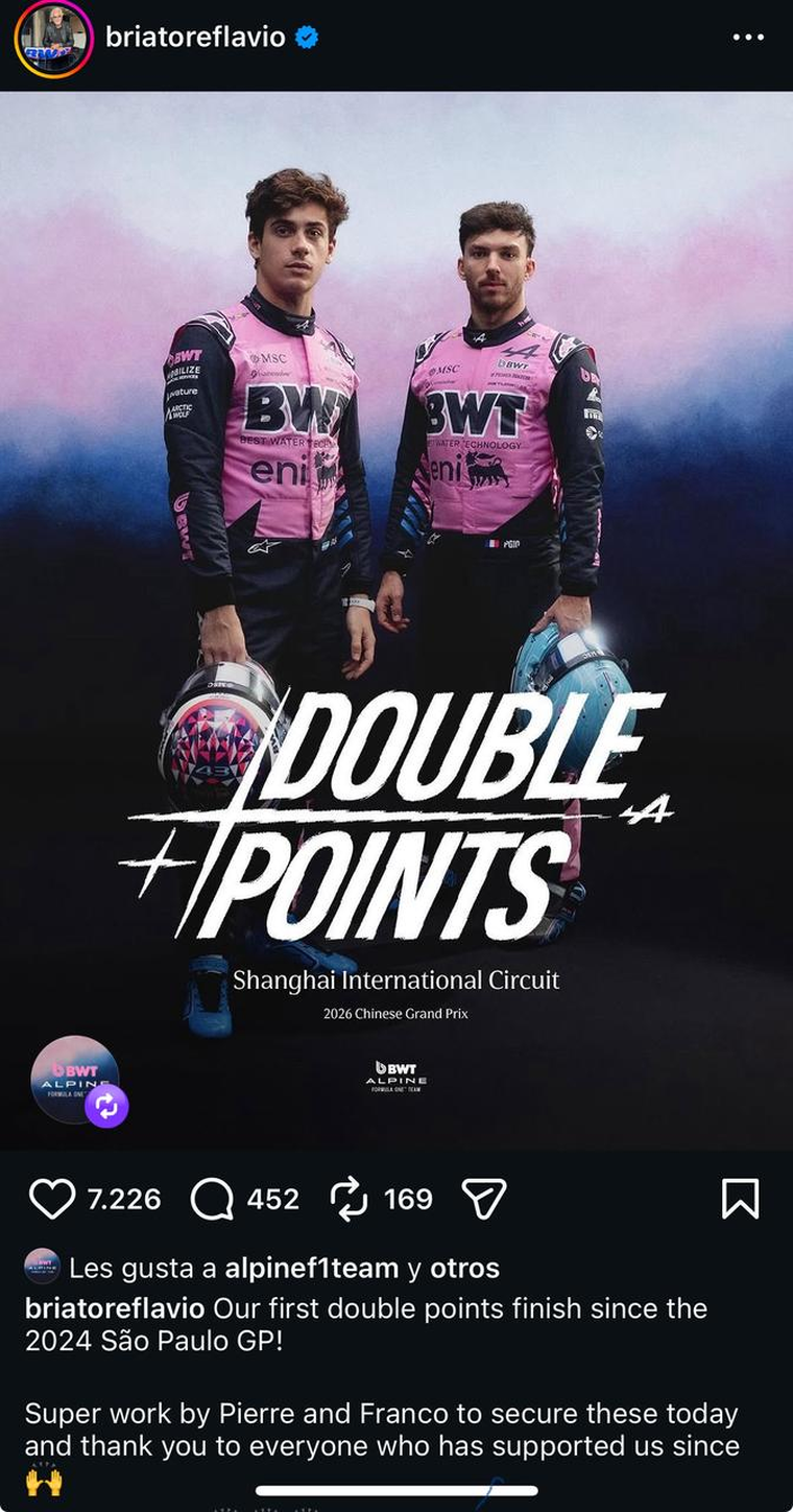 El posteo de Flavio Briatore tras el doblete de Alpine en el GP de China.