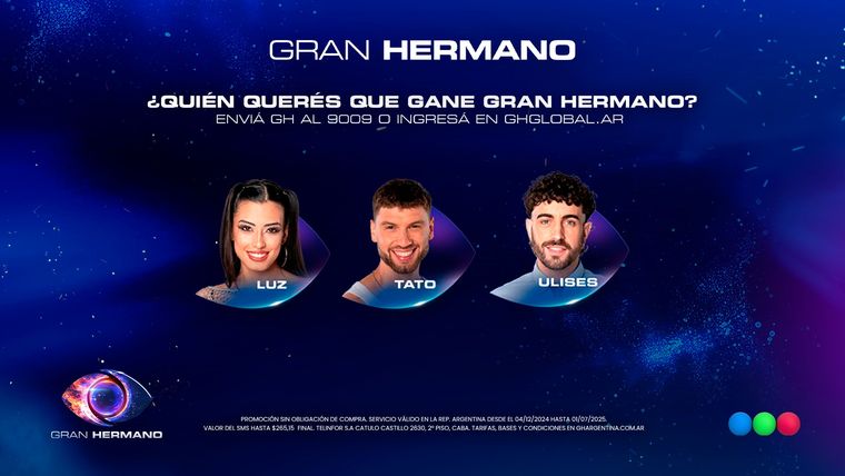 Santiago, Luz y Ulises son los finalistas de Gran Hermano. Foto: Twitter/ @GranHermanoAr. Santiago, Luz y Ulises son los finalistas de Gran Hermano. Foto: Twitter/ @GranHermanoAr.