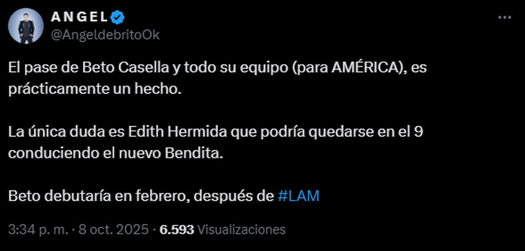 El conductor de LAM dio por confirmado el pase de Beto Casella a América TV. El conductor de LAM dio por confirmado el pase de Beto Casella a América TV.