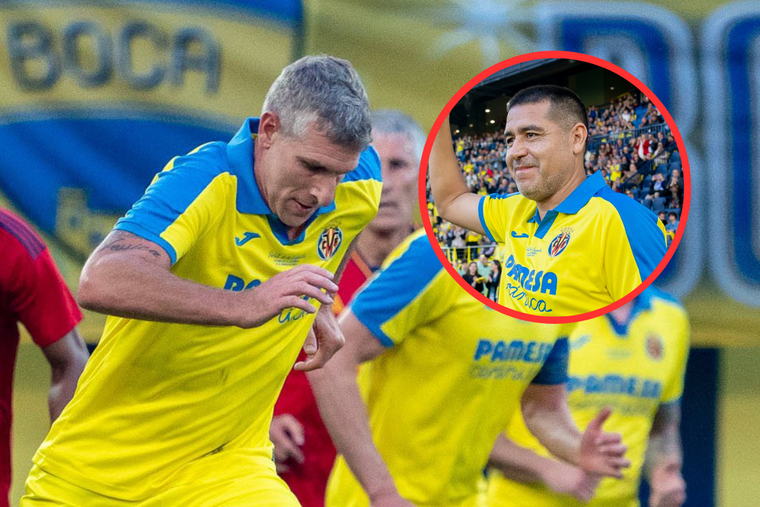 Palermo y Riquelme jugaron juntos en el centenario del Villarreal. Foto: Villarreal CF
