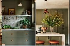 En estos gabinetes predomina un verde de tono medio que combina bien con muchos colores y acabados. Este tono versátil funciona en una gran cantidad de estilos de diseño de interiores . Foto: Stella Weatherall y Boz Gagovski/deVOL/Stefani Stein y Sam Frost