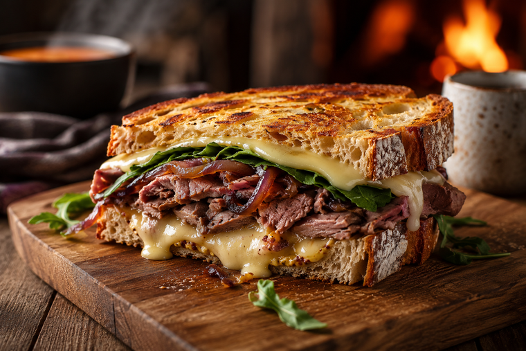 Preparaciones simples como este sándwich encuentran un lugar ideal en las noches mendocinas. (Imagen generada con IA)