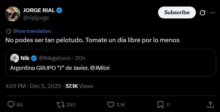 Jorge Rial destrozó a Nik por relacionar el grupo de Argentina en el Mundial con Javier Milei. Jorge Rial destrozó a Nik por relacionar el grupo de Argentina en el Mundial con Javier Milei.