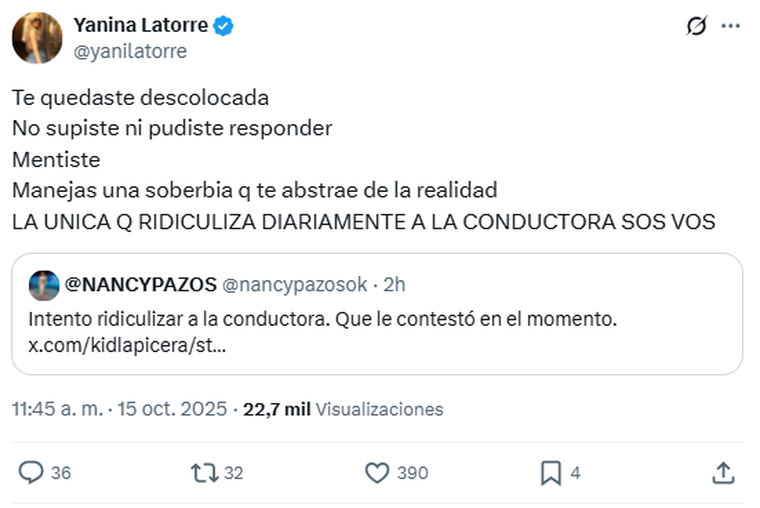 Yanina Latorre apuntó contra Nancy Pazos y la tildó de mentirosa. Foto: captura de pantalla X/ @yanilatorre. Yanina Latorre apuntó contra Nancy Pazos y la tildó de mentirosa. Foto: captura de pantalla X/ @yanilatorre. 