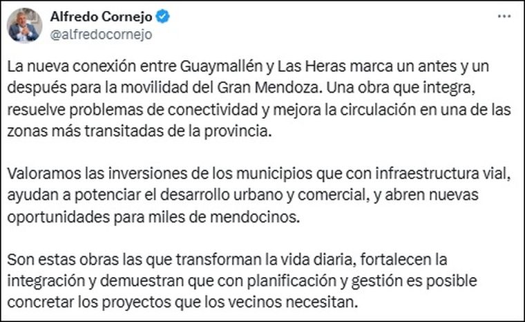 Alfredo Cornejo destacó la apertura de la calle Mitre y su impacto en la integración urbana. Alfredo Cornejo destacó la apertura de la calle Mitre y su impacto en la integración urbana.