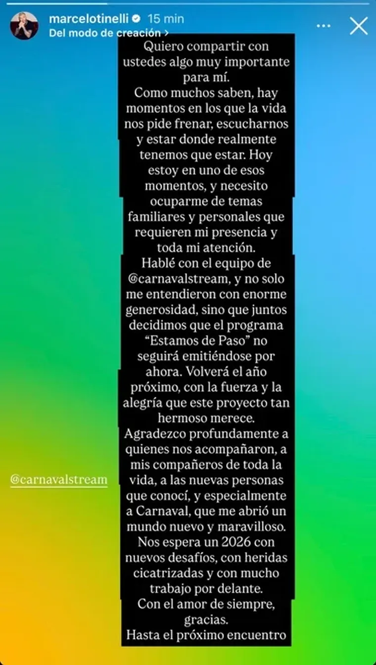 El comunicado que publicó Marcelo Tinelli tras su salida de Carnaval Stream. El comunicado que publicó Marcelo Tinelli tras su salida de Carnaval Stream.