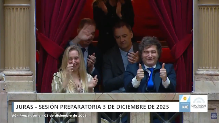 El gesto cómplice de Javier Milei con Virginia Gallardo tras el juramento. El gesto cómplice de Javier Milei con Virginia Gallardo tras el juramento.